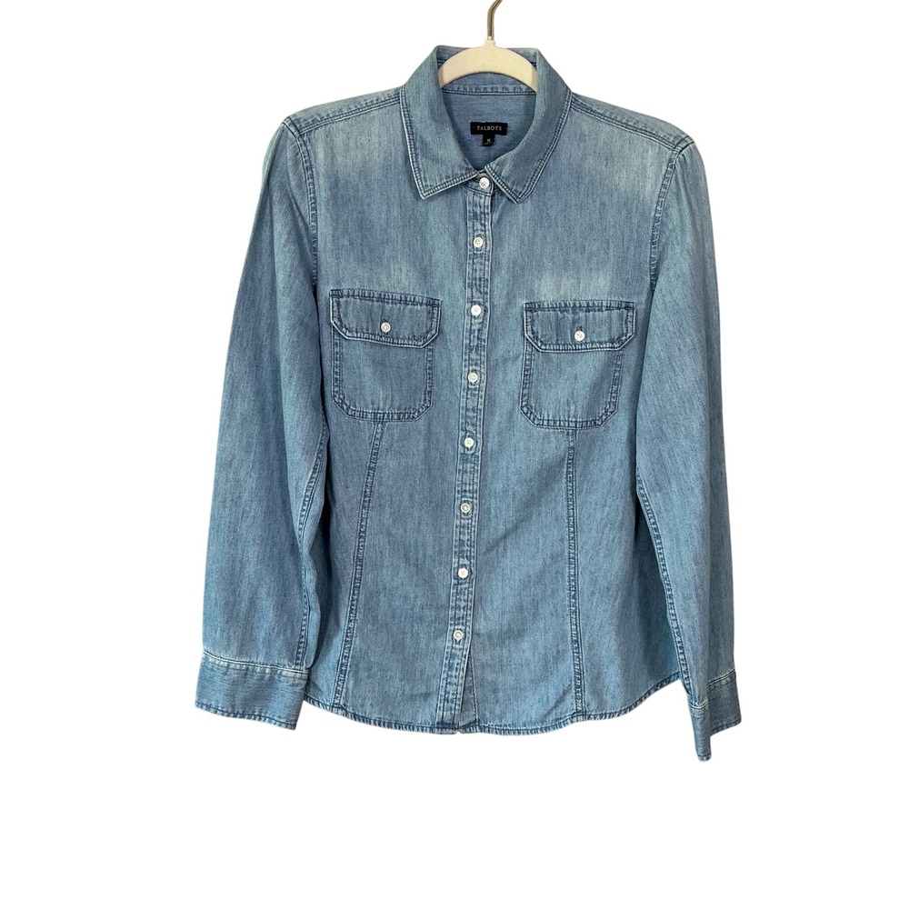 Talbots Womens Light Wash Denim Chambray Button Down Shirt Size 12 Tailored Fit